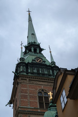 Church of St. Gertrude. German church, spire and clock. Stockholm, Sweden.