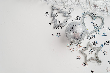 Christmas decorations in silver, ball, heart, star, Christmas tree, on white background