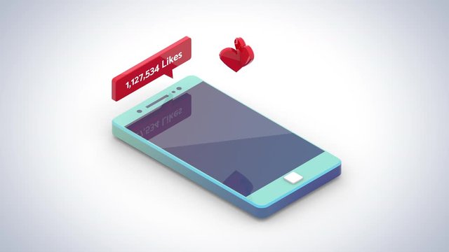 Social media likes counter, hearts adding up, popularity, followers, influencers. 3D smartphone model