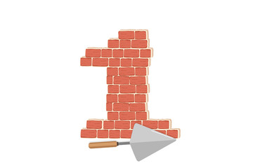 Numeric figure decorated red brick wall with hand trowel icon. Textured brown brick wall pattern for printing, mock-up, poster, banner, promo, sales. Blocks for architecture project, Masonry project