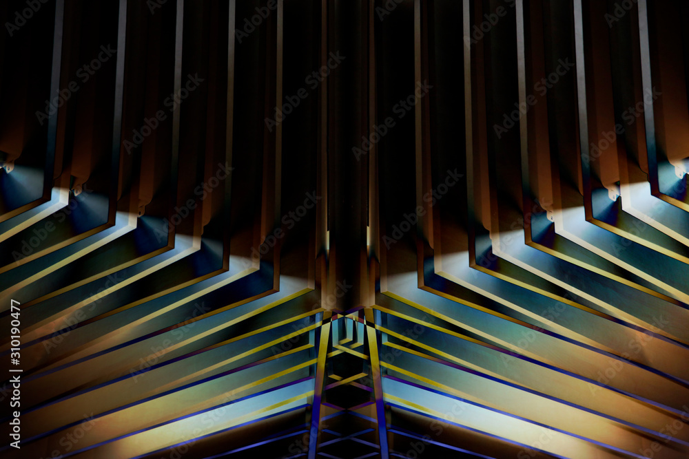Poster wooden lath structure. computer graphics of modern architecture and minimal interior. geometric back