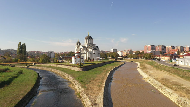 Valjevo, Serbia- October 2019 Resurrection of the Lord monastery on confluence of Kolubara and Gradac rivers. Areal shot. Sunny day