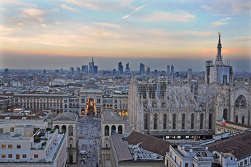Italy , Milan december 17,2019 - Amazing panoramic aerial view of downtown of the city - Duomo Cathedral , Vittorio Emanuele Gallery and Skyline 