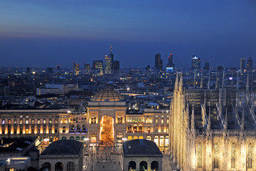 Italy , Milan december 17,2019 - Amazing panoramic aerial view of downtown of the city - Duomo Cathedral , Vittorio Emanuele Gallery and Skyline 