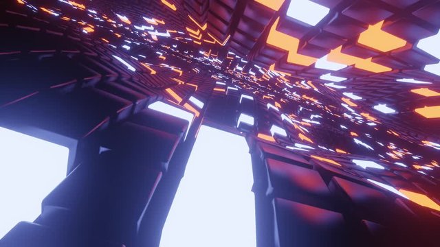 Abstract Infinite Loop animation 3D space background with a perspective of metal cubes and bright elements of light.