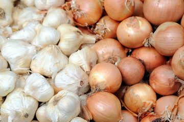 seasonal fruit and vegetables - shopping at the market - onion and garlic