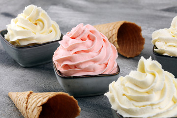 soft ice cream in flavor vanilla, chocolate and strawberry. Delicous creamy refreshing ice cream