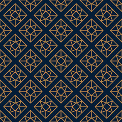 Square Gemstone Seamless pattern in minimal trendy style. Gold linear diamonds on a dark blue background. Vector