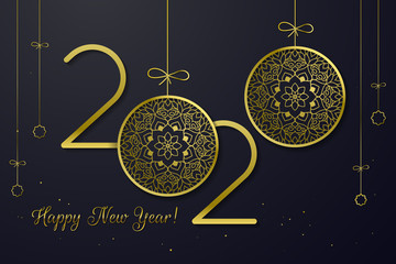 Happy New Year 2020. Gold Numbers Design of greeting card on a red background with mandalas. Happy New Year Banner with 2020 Numbers with Christmas Baubles.