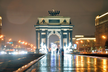 Triumphal arch on Kutuzov Avenue in Moscow. Blur, Glare, Pasteurization