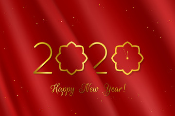Happy New Year 2020. Gold Numbers Design of greeting card on a red background with clock . Happy New Year Banner with 2020 Numbers with Christmas Baubles.
