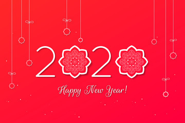 Happy New Year 2020. White Numbers Design of greeting card on a red background with mandalas. Happy New Year Banner with 2020 Numbers with Christmas Baubles.