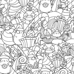 Doodle seamless pattern with cute kawaii mice and Christmas decorations. Symbol of Chinese New Year 2020. Cheerful mouse with gifts. 