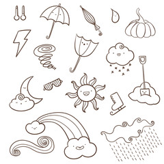 Doodle weather objects with kawaii faces. Illustration about seasons and types of weather. Easy to change color inside of objects.