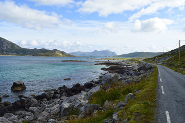 Fototapeta na wymiar Hitchhiking on the road on Lofoten Islands in Norway