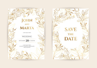 Wedding Invitation with Gold Flowers. background with geometric golden frame. Cover design with an ornament of golden leaves.Trendy templates for banner, flyer, poster, greeting. eps10