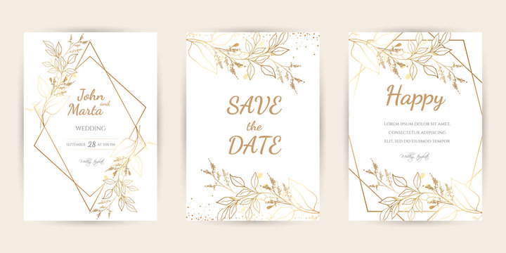 Wedding Invitation with Gold Flowers. background with geometric golden frame. Cover design with an ornament of golden leaves.Trendy templates for banner, flyer, poster, greeting. eps10