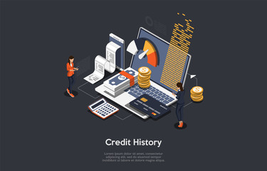 Isometric credit history concept. People are analysing, calculate and checking credit history. Vector illustration