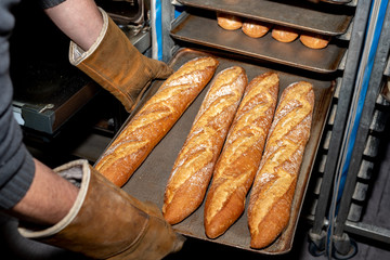 Taking out of the oven, trays of freshly baked bread in a bakery in Madrid, Spain