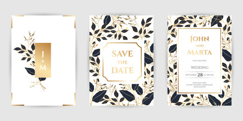 Wedding Invitation with Gold Flowers. background with geometric golden frame. Cover design with an ornament of golden leaves.Trendy templates for banner, flyer, poster, greeting. eps10