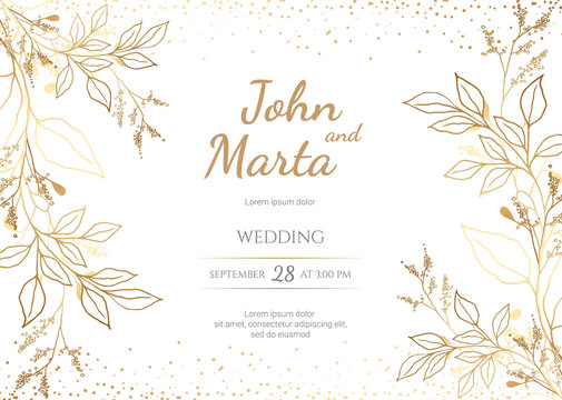 Wedding Invitation with Gold Flowers. background with geometric golden frame. Cover design with an ornament of golden leaves.Trendy templates for banner, flyer, poster, greeting. eps8