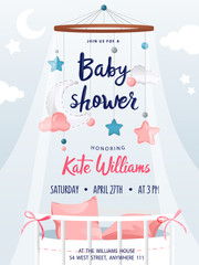 Baby shower boy and girl, invitation card with decorations and place for text. Greeting cards. Flat style. Vector illustration