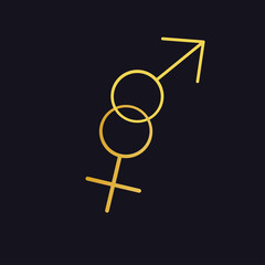The symbol of male and female, coupled. Mars and Venus. Gold on a black background. Stock vecor graphics