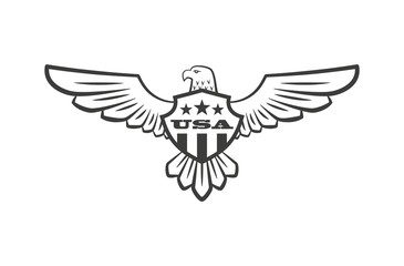 Black and white illustration of an eagle with spread wings and a shield, stars and text. Vector illustration on the theme of American symbolism of freedom and democracy