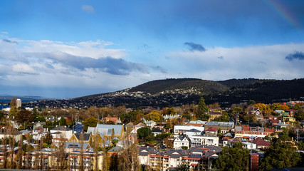 Skyline houses with a range of architectural styles from above, Hobart, Tasmania, Australia
