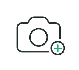 Camera with plus line icon. Add photo. Vector icon.