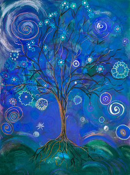 Blue tree of life with lollypops and curls. The dabbing technique near the edges gives a soft focus effect due to the altered surface roughness of the paper.