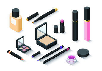 Vector isometric set with different decorative cosmetics item, make up catalogue in black design, realistic illustration 