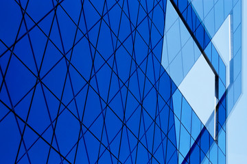 Digitally rendered image of modern architecture fragment with glass wall, ceiling, roof or windows. Structural glazing. Checkered transparent panels. Abstract geometric background with grid pattern.