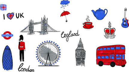 set of london landmarks and monuments vector isolated illustration on white background . Concept for logo, print, cards icon 