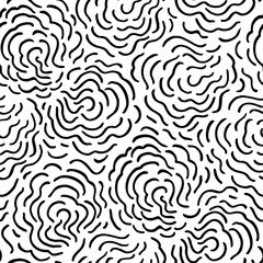 Seamless abstract hand drawn cloud pattern with hand painted irregular black line art swirl in wavy movement. Graphic and modern design for scrapbooking, stationary, fashion and packaging design.