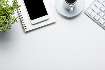 Office desk table with supplies. Flat lay Business workplace and objects. Top view. Copy space for text