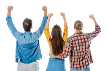 Obraz premium back view of young friends showing yes gesture isolated on white