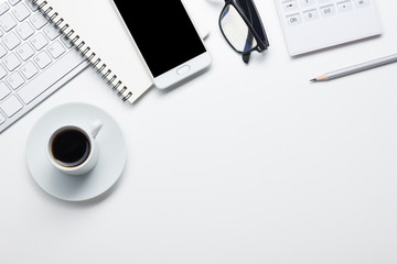 Office desk table with supplies. Flat lay Business workplace and objects. Top view. Copy space for text