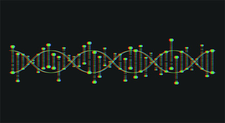A glitch-style DNA chain on black background.