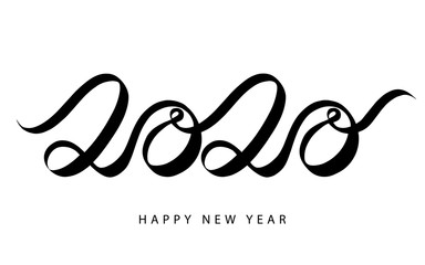 2020 Happy New Year calligraphy banner, handmade brush. Hand drawn lettering card black colour, typography on isolated white background. Vector Illustration.