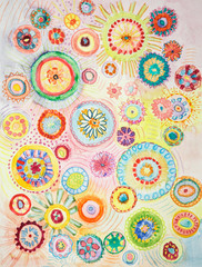 Fototapeta premium Happy hippie flowers. The dabbing technique near the edges gives a soft focus effect due to the altered surface roughness of the paper.