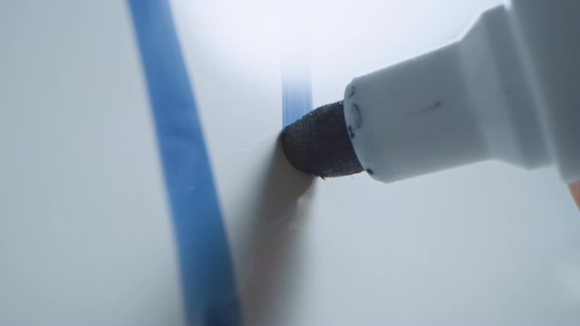 Macro Follow Shot of a Blue Marker Pen Being Held with a Hand. Person Writing on a Whiteboard with Graphs and Business Plans. Pencil is Connected to the Camera. Drawing Exclamation Mark.