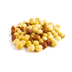 Heap of roasted hazelnut isolated on white background