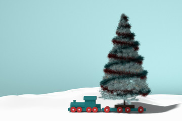 Christmas tree with ornament on wooden toy train on snow mountain. Christmas holiday concept. 3d rendering