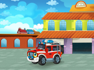 cartoon scene with car vehicle on the road near the garage or repair station - illustration for children