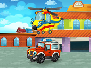 cartoon scene with car vehicle on the road near the garage or repair station - illustration for children