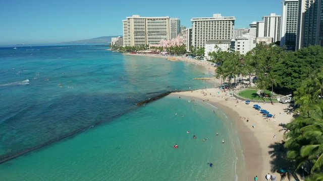 view of Waikiki beach flying backward along palm trees