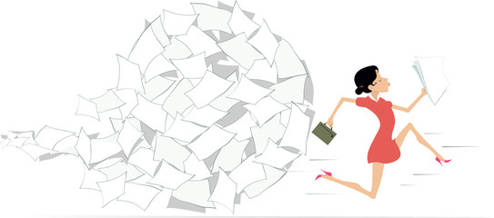 Businesswoman and papers or documents concept illustration. Businesswoman with papers and bag runs away from a big ball of papers isolated on white