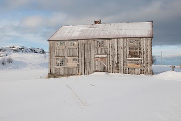 Boarded up house in Fredvang Moskensoy Loftofen Norway