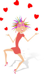 Smiling woman juggles the hearts illustration. Smiling woman juggles with the heart symbols isolated on white illustration